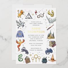 a harry potter themed baby shower is featured in this photo with its name and symbols