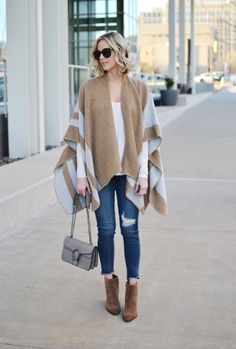 How to Wear Ankle Boots with Jeans - The Dos & Don'ts - Straight A Style Denim Poncho, Poncho Outfit, Over 60 Fashion, Denim Ideas