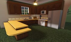 a yellow bench in the middle of a kitchen with brown cabinets and green flooring