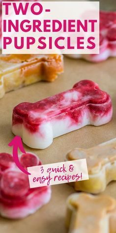 two ingredient popsicles are shown on a baking sheet with the words, 2 ingredient popsicles 3 quick and easy recipes