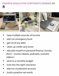 an image of a table with money and laptops on it, including the words finance goals for corporate babies