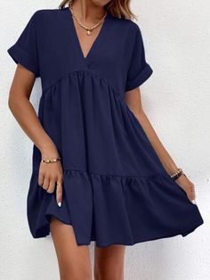 Solid V-neck Mini Dress With Ruffle Hem, Casual V-neck Ruffled Dress, Flowy V-neck Dress With Ruffle Hem, V-neck Mini Dress With Ruffles, Casual Solid Color V-neck Dress For Brunch, Casual V-neck Dress With Ruffle Hem For Vacation, Casual V-neck Dress With Ruffle Sleeves For Summer, Casual V-neck Mini Dress With Ruffle Hem, Summer Casual V-neck Dress With Ruffle Sleeves