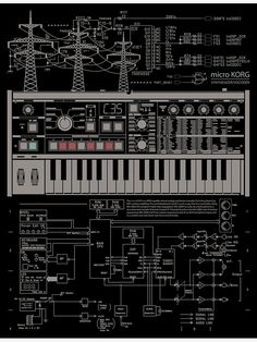 a black and white poster with an electronic keyboard in the middle, surrounded by other electrical equipment