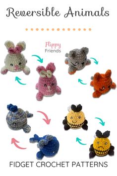 several crocheted animals are shown with the words reverse side by side and an arrow pointing