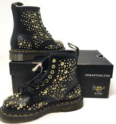 NIB Dr. Martens Made in England 1460 Midas Gold Studded Boots LIMITED EDITION** A special one-off 1460 boot - limited up to 1460 pairs. Stamped with gold studs of all shapes and sizes, the boots are kitted out with all the 1460's iconic details. Smooth leather, a welted DMS sole reinforced with our signature yellow stitch, and an AirWair heel loop.  Retail Price: $260 Details Color: Black Smooth Leather w/Gold Studs Size: Women's US 5 Only 1460 pairs made!!!! Polished Smooth is the original Dr. Yellow Stitch, Indie Sleaze, Black Stud, Studded Boots, Goodyear Welt, Gold Stud, Gold Studs, Boots Black, Dr. Martens