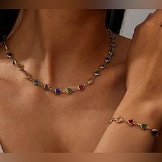 New Beautiful Colorful Zircon Heart Set Necklace & Bracelet Multicolor Heart Shaped Jewelry With Adjustable Chain, Trendy Multicolor Heart-shaped Jewelry, Cheap Multicolor Heart-shaped Jewelry, Cheap Multicolor Heart-shaped Necklaces, Adjustable Heart-shaped Multicolor Necklaces, Jewelry Colorful, Set Necklace, Gold Fashion, Necklace Bracelet