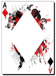 a playing card with red and black splatters on the sides, including an arrow