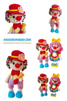 the crocheted clowns are all wearing different hats and outfits for their costumes