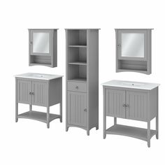 a bathroom vanity with two sinks and a cabinet next to each other, all in grey