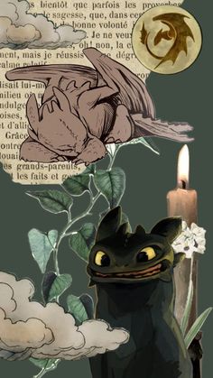 a black cat sitting next to a lit candle on top of a book page with flowers