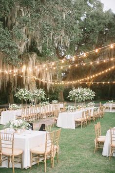 an instagram page with tables and chairs set up for a formal dinner in the park