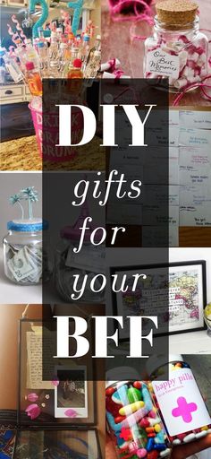 the words diy gifts for your bef are shown above pictures of different items