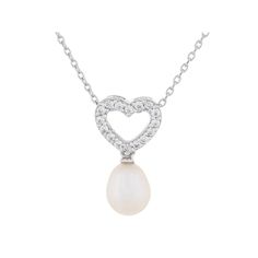 Simple, yet elegant, this freshwater cultured pearl heart pendant lends a sweet touch to your ensembles. Simple, yet elegant, this freshwater cultured pearl heart pendant lends a sweet touch to your ensembles. Pendant size: 1.1"L x 0.25"W Chain length: 17 in. Chain type: rope Metal: sterling silver Plating: rhodium Finish: polished Packaging: boxedCULTURED PEARL DETAILS Type: freshwater Size: 7.5 mm - 8 mm Shape: drop Color: white Gemstones may have been treated to enhance their appearance. Spec Elegant Teardrop Necklace With Heart Charm, Elegant Silver Heart Necklace With Pearl Charm, Elegant Silver Heart-shaped Pearl Necklace, Silver Heart Pendant Pearl Necklace, Silver Pearl Heart Necklace With Pearl Charm, Silver Pearl Heart Necklace For Valentine's Day, White Pearl Heart Pendant Necklace For Anniversary, Silver Pearl Necklace With Heart Pendant, Valentine's Day Silver Pearl Heart Necklace