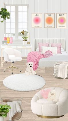 a bedroom with white furniture and pink accessories on the bed, rugs, chair, desk