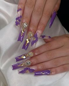 Purple And Gold Bling Nails, Purple Tangled Nails, Gold And Dark Purple Nails, Lilac Gold Nails, Purple With Gold Nails, Purple And Gold Acrylic Nails, Gold Purple Nails, Dark Purple And Gold Nails, Purple And Gold Nails Acrylic