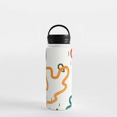 a white water bottle with an orange and green snake on the side, sitting in front of a white background