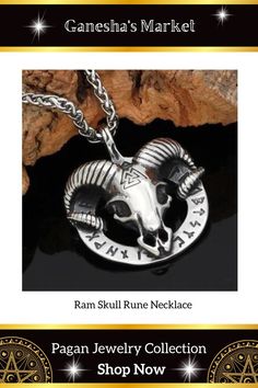 Ram skull rune necklace. 🔮Ideas: Pagan fashion, Witchy jewelry, gothic jewelry, occult jewelry, celtic jewelry, Wiccan protection charm, gift. 🔮Ganesha's Market is a fantasy-inspired gift shop featuring mystical creatures, esoteric symbols, ancient cultures, natural elements, pagan tradition and earthy bohemian aesthetics. You'll find pagan altar supplies, healing crystals, jewelery, home decor, unique clothing and more. Free U.S. shipping and cheap world-wide shipping on all orders. Celtic Fashion, Goat Skull, Norse Runes, Elder Futhark, Engraved Pendant, Viking Necklace, Amulet Necklace, Viking Jewelry, Stainless Steel Pendant