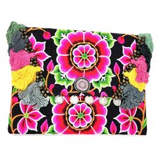 Neon Hot Pink Clutch Bag Boho Clutch Bag, Embroidered Clutch Bag, Boho Chic Accessories, Bohemian Purse, Decorative Tassels, Crystal Handbag, Boho Clutch, Clutch Bag Wedding, Bag Flower