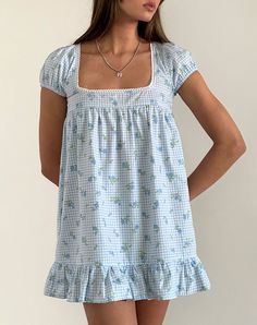 Babydoll style mini dress, Trim features a square neckline, deep hem ruffle and puffball sleeve. Finished with picot trim along the neckline in a non stretch cotton printed fabric with an all over blue gingham and floral design. MODEL WEARS SIZE: SMALL - MODEL HEIGHT: 5'7 Gingham Dresses, Blue Babydoll Dress, 23 Style, Style Bundle, Summer Bodycon Dress, Feminine Fashion, Girl Closet, Black Satin Dress, Babydoll Style