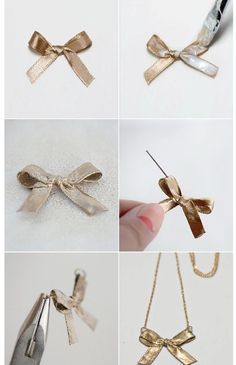 four pictures of different types of bows being used to make necklaces and pendants