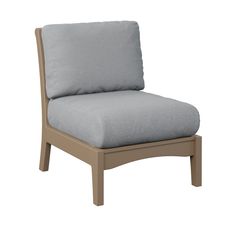 an outdoor chair with a cushion on the back and seat, in light grey fabric