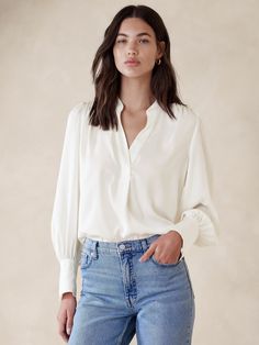 Volume-Sleeve Blouse | Banana Republic Factory Bishop Sleeve Tops With Button Cuffs For Daywear, Classic Tops With Blouson Sleeves And Collar, Classic Split Neck Spring Blouse, Classic V-neck Top With Blouson Sleeves, Classic Split Neck Blouse For Spring, Casual Tops With Bishop Sleeves And Button Cuffs, Classic White Top With Gathered Sleeves, Classic White Bishop Sleeve Top, Classic White Tops With Gathered Sleeves