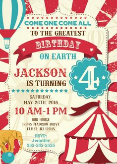 a circus birthday party flyer with an elephant, hot air balloon and stars on it