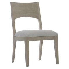 an upholstered chair with a grey fabric seat and backrest, viewed from the front