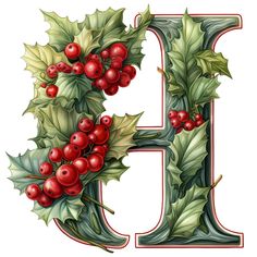 the letter e is decorated with holly and red berries