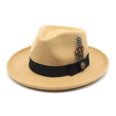 Feather Band Wool Felt Curved Brim Fedora Hat - SHExFAB Western Style Felt Hat For Beach In Summer, Beige Fedora Hat For Travel, Summer Fedora Felt Hat, One Size Fits Most, Adjustable Brimmed Felt Hat For Summer, Adjustable Flat Brim Felt Hat For Summer, Classic Summer Felt Hat For Outdoor, Summer Felt Hat With Adjustable Flat Brim, Khaki Flat Brim Hat For Travel, Summer Adjustable Felt Hat With Flat Brim