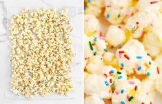 two pictures one with sprinkles and the other with white frosted popcorn