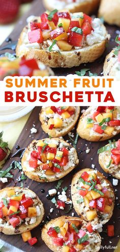 fruit and cheese bruschetta on a wooden cutting board with text overlay