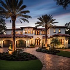 a large house with palm trees in front of it