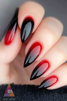 Ombre Halloween Nail Designs, Red Black Halloween Nails, Red And Black Ombré Nails, Halloween Vampire Nails, Dark Red Halloween Nails, Nails With Red And Black, Red To Black Ombre Nails, Halloween Nails Black And Red, Red Halloween Nails Acrylic