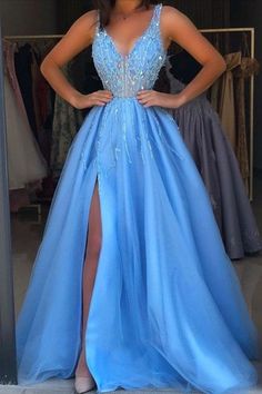 #vneckpromdresses #promdresswithslit #promdressesvneck #promdressesblue #promdressesforwomen Sky Blue Prom Dress, Blue Prom Dresses, Blue Prom Dress, Dress Graduation, Blue Tulle, School Party, Party Gown, Pretty Prom Dresses