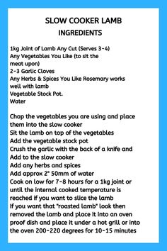 a recipe for slow cooker lamb ingredients on a blue and white background with text