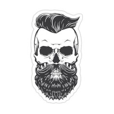 a skull with a beard and mustache sticker on the back of a white background