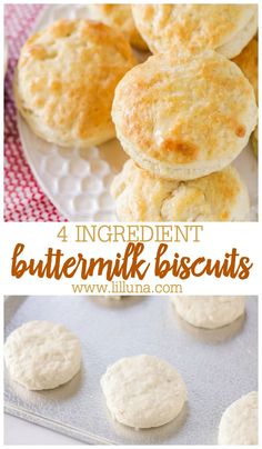 buttermilk biscuits on a baking sheet with the words, 4 ingredient buttermilk biscuits