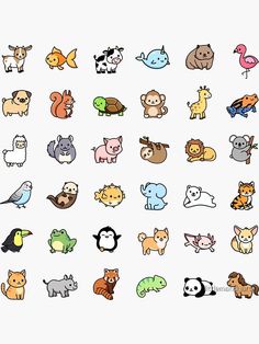 a bunch of different types of animals on a white background with the same color and size