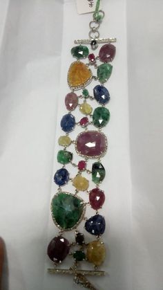 Multi Gemstone Diamond Bracelet, gemstone Slice bracelet, Diamond Ruby Emerald Sapphire Bracelet Multi Gemstone Bracelet, Silver Diamond Bracelet, Tiffany Bracelets, Sapphire And Diamond Earrings, Beaded Necklace Designs, Bracelet Diamond, Emerald Bracelet, Gemstone Bangle, Gems Bracelet