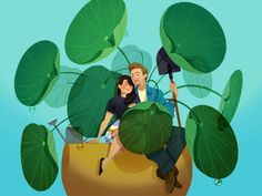 a man and woman sitting on top of a potted plant