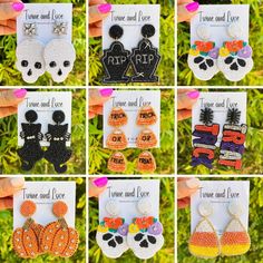 six pairs of earrings are shown in different colors and designs, each with the same design