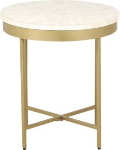 a round table with gold metal legs and a white marble top