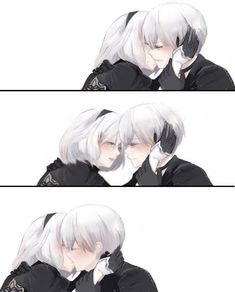 two anime characters with white hair and black clothes, one is hugging the other's head