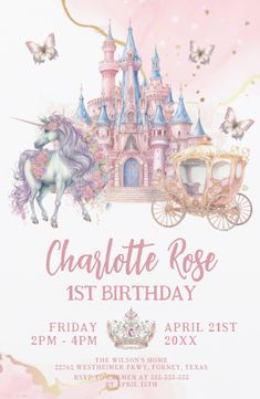 a birthday card with a princess castle and horse drawn carriage