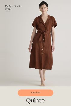 This midi linen dress should be in every wardrobe. Made from 100% organic linen and designed to be versatile, with elegant buttons down the front, and two pockets at the waist, and adjustable removable belt for the perfect fit.  | Quince | Women's Short Sleeve Dress in Chocolate, Size Medium, Linen Midi Linen Dress, Button Front Dress, European Linens, Organic Linens, Short Sleeve Dress, Linen Women, Linen Dress, Quince, Sleeve Dress