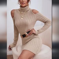 Turtle Mock Neck New With Tags Mini Midi Cream Beige Size Small Warm And Soft Cut Out At Shoulders Cold Shoulder Sweater Dress, Soft Cut, Cold Shoulder Long Sleeve, Cold Shoulder Sweater, Long Sleeve Sweater Dress, Sweater Dress Women, Cream Beige, Shoulder Sweater, Knitwear Women