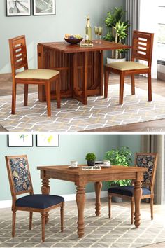 two pictures of the same dining room table and chairs