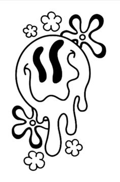 an elephant with flowers on it's head is drawn in black and white ink