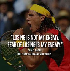 a man holding a tennis racquet on top of a tennis court with a quote about losing is not my enemy